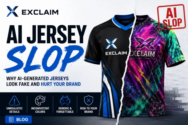 Learn why AI-generated jersey designs aren't print-ready and how Exclaim converts AI concepts into production-ready esports apparel designs.